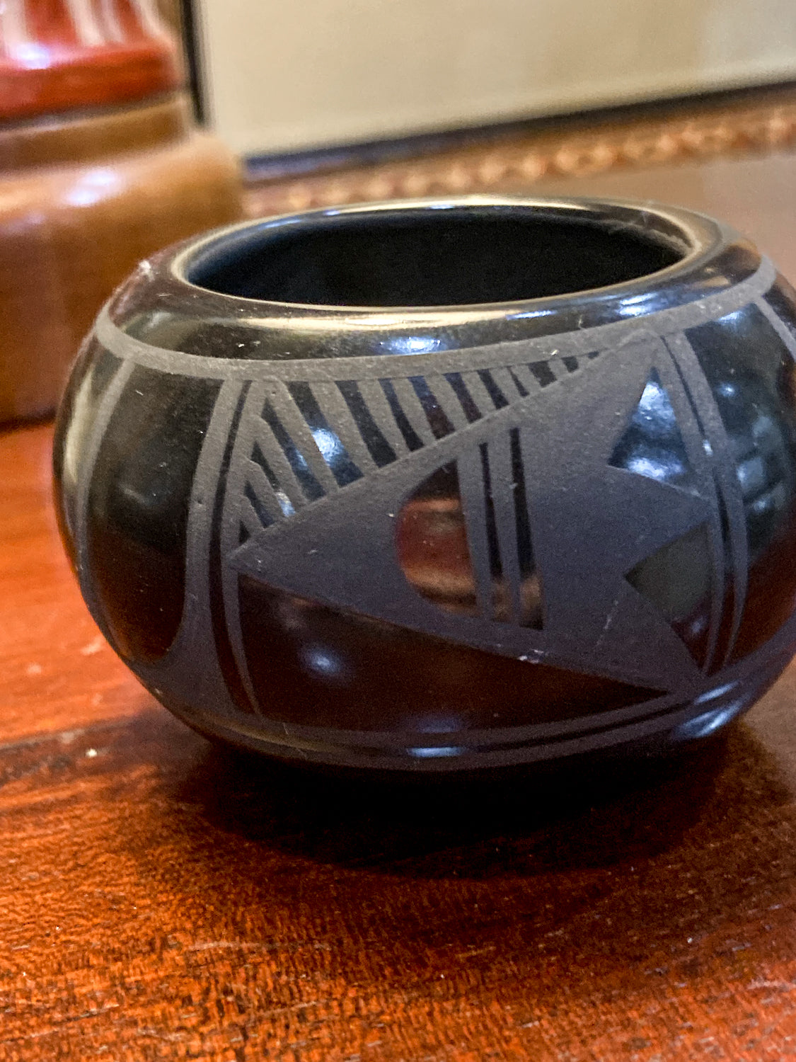 Vintage Adakai Navajo Feather Design Handmade Mini Black Pottery Vase