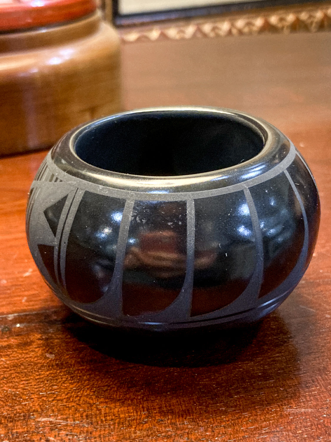 Vintage Adakai Navajo Feather Design Handmade Mini Black Pottery Vase