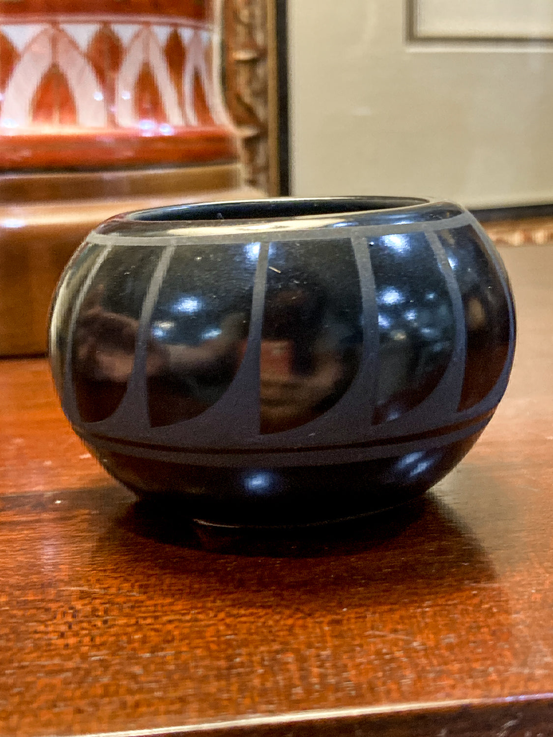 Vintage Adakai Navajo Feather Design Handmade Mini Black Pottery Vase