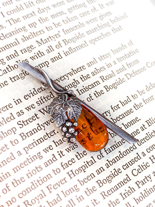 Vintage Sterling Silver Amber Drop Grapes Leaves Brooch Bar Pin