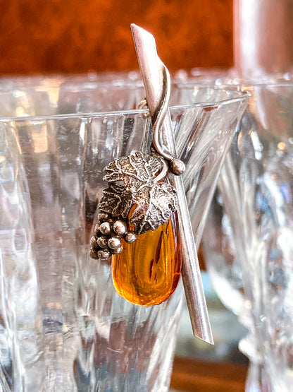 Vintage Sterling Silver Amber Drop Grapes Leaves Brooch Bar Pin