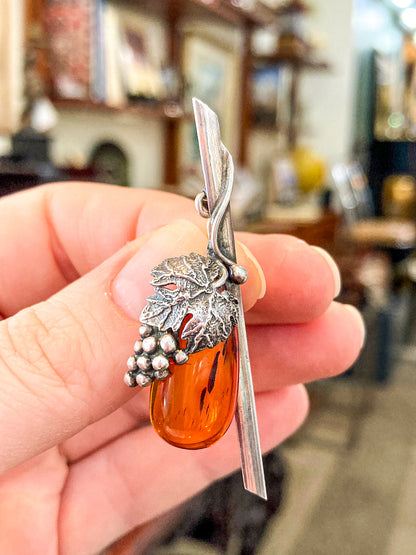 Vintage Sterling Silver Amber Drop Grapes Leaves Brooch Bar Pin