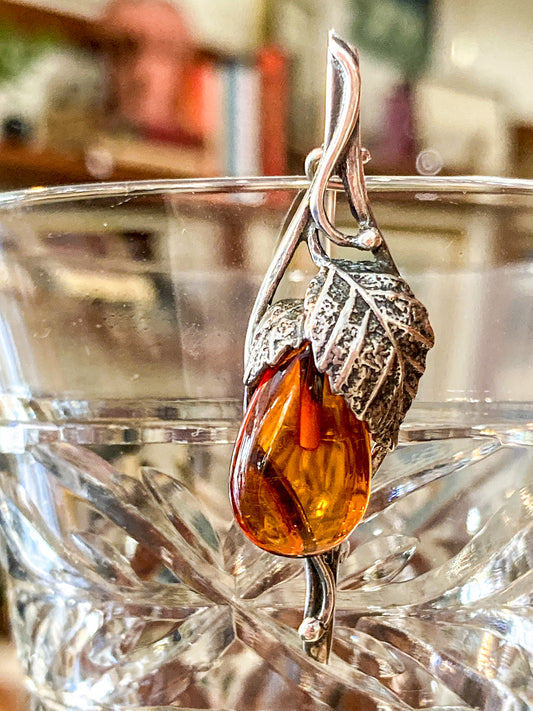 Vintage Sterling Silver Amber Drop Branch Fruit Leaves Brooch Bar Pin