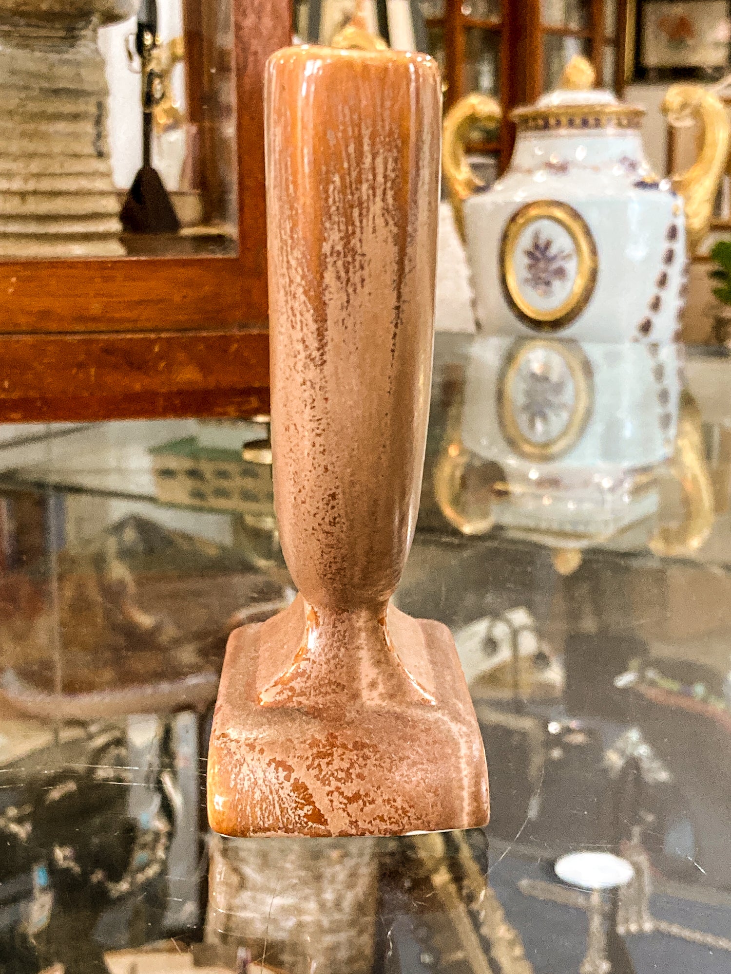 Vintage Art Deco American Beige Mottled Glaze Scroll Footed Ceramic Vase