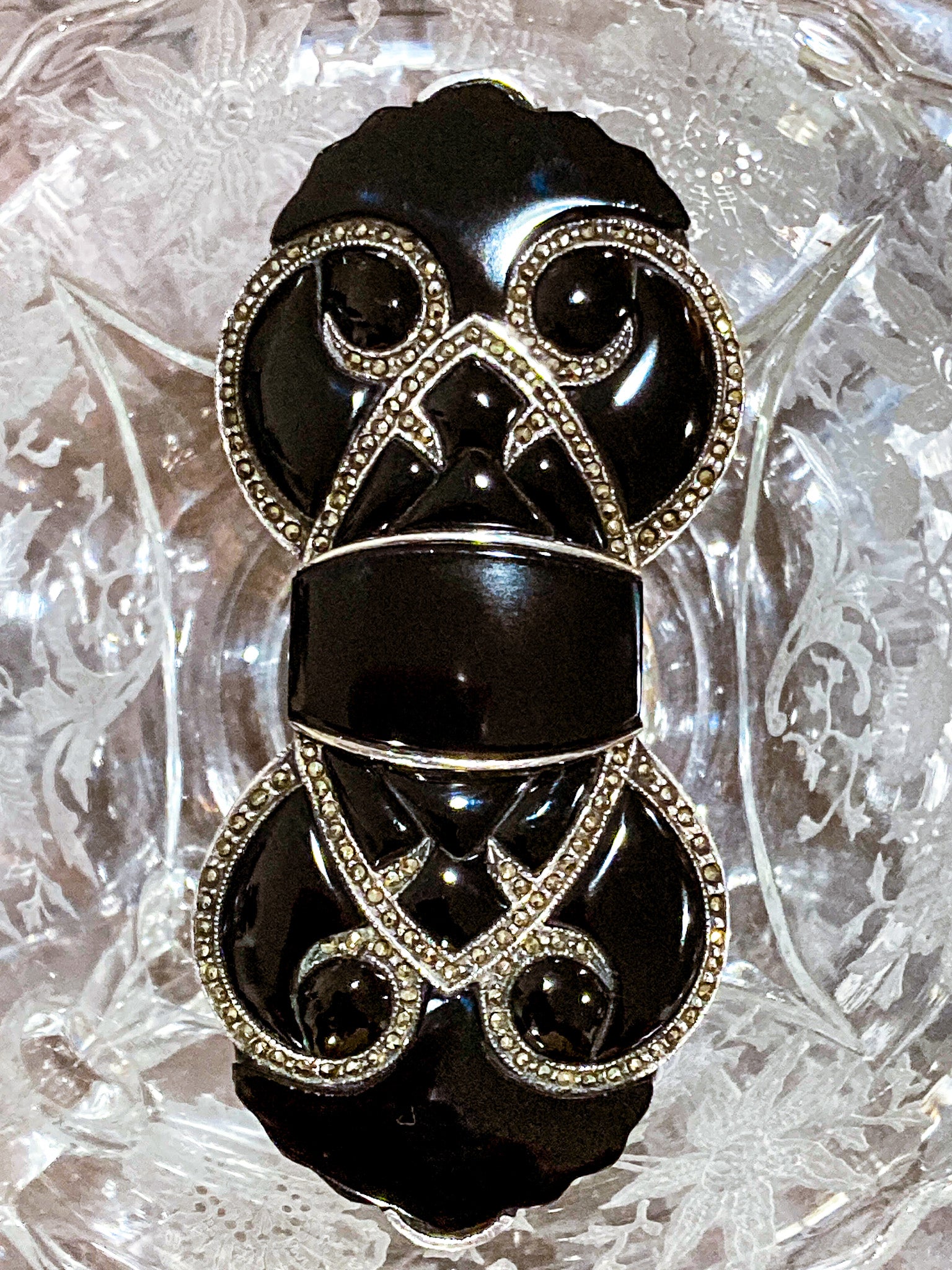 Vintage Art Deco Style Sterling Silver Marcasite Black Onyx Brooch Pin