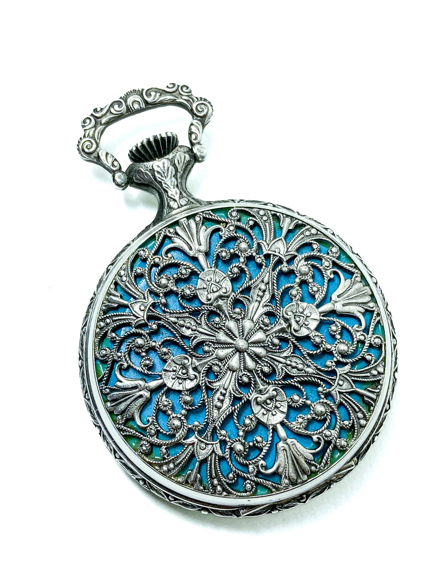 Vintage Art Nouveau Style Silver Blue Accent Aero Neuchatel Pocket Watch