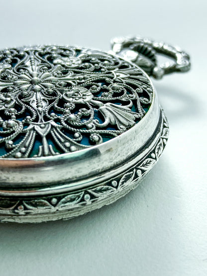 Vintage Art Nouveau Style Silver Blue Accent Aero Neuchatel Pocket Watch
