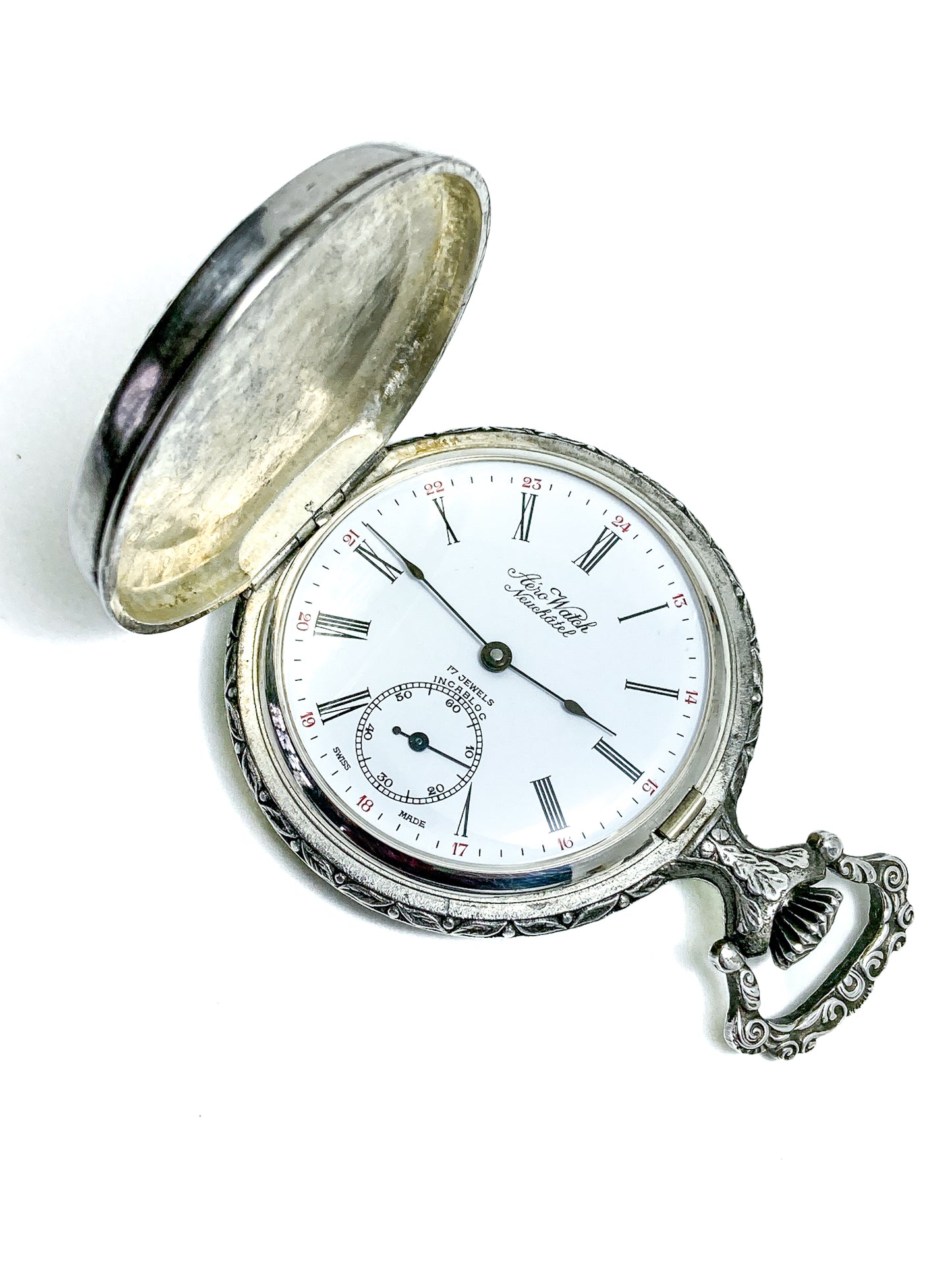 Vintage Art Nouveau Style Silver Blue Accent Aero Neuchatel Pocket Watch