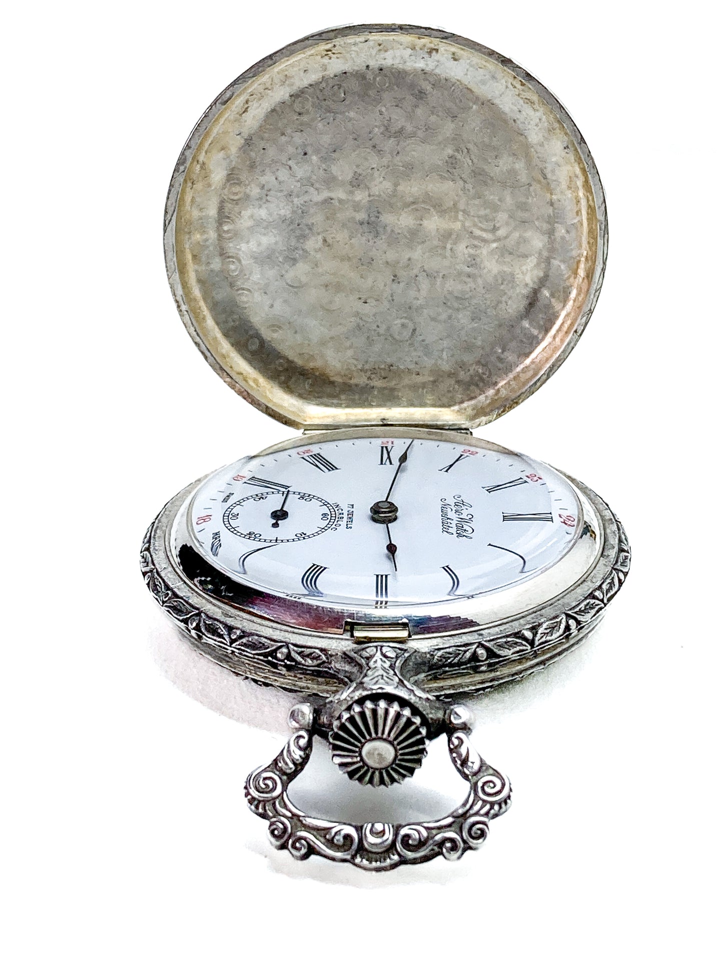 Vintage Art Nouveau Style Silver Blue Accent Aero Neuchatel Pocket Watch
