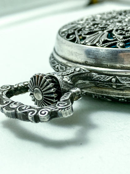 Vintage Art Nouveau Style Silver Blue Accent Aero Neuchatel Pocket Watch