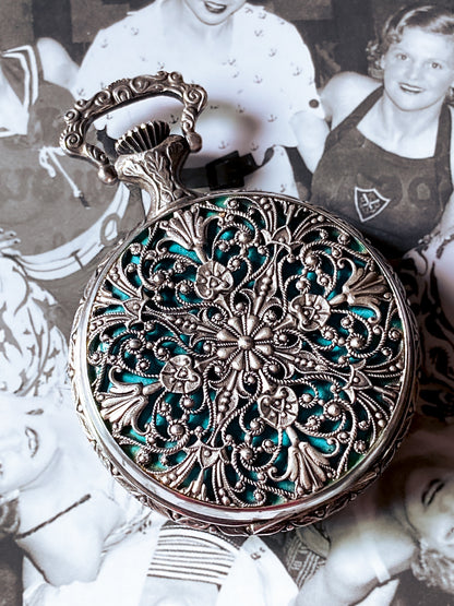 Vintage Art Nouveau Style Silver Blue Accent Aero Neuchatel Pocket Watch