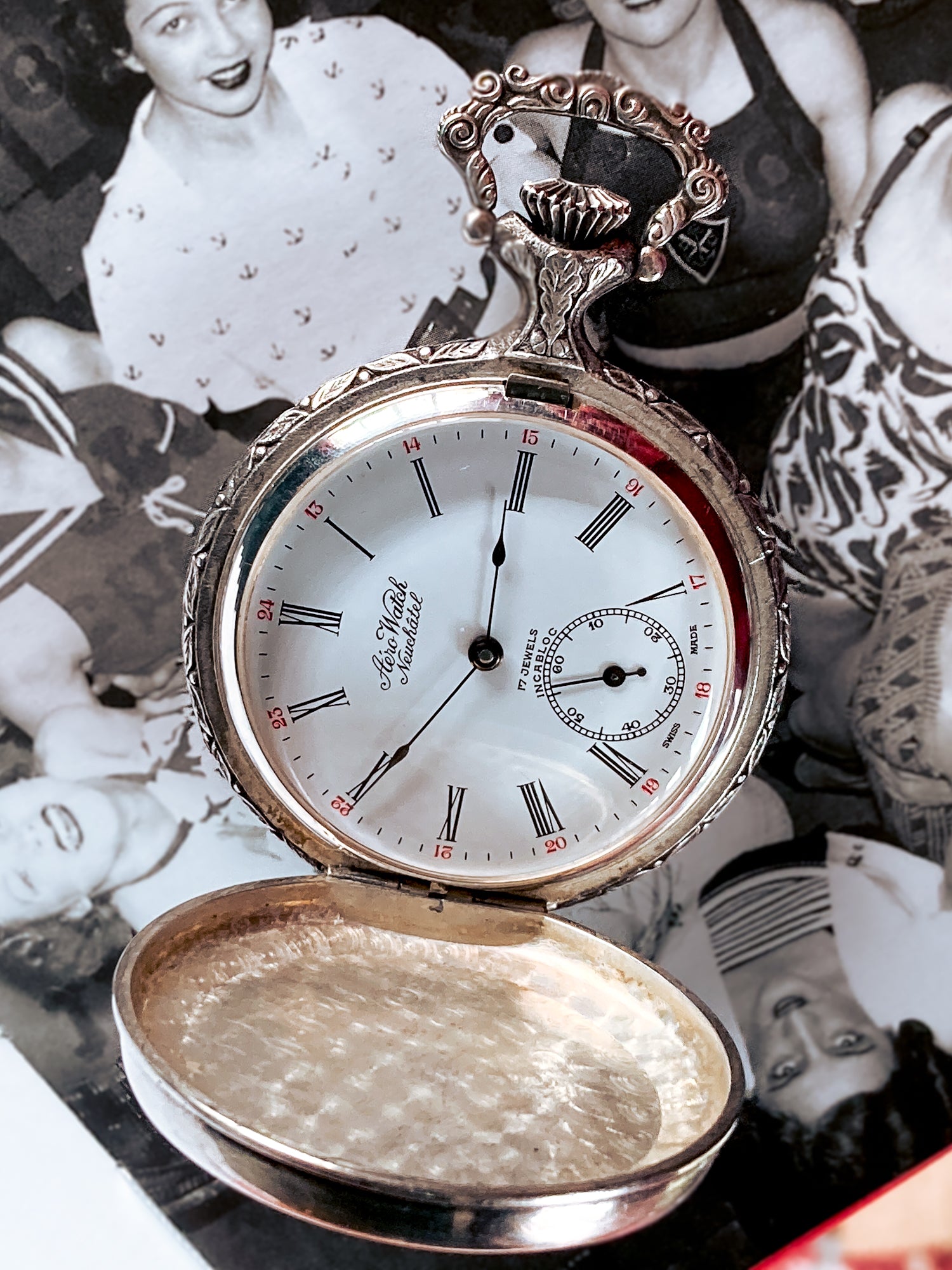 Vintage Art Nouveau Style Silver Blue Accent Aero Neuchatel Pocket Watch