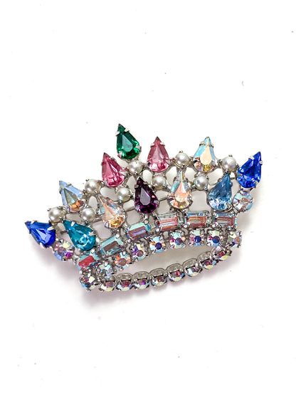 Multicolored gemstone brooch on a white backgroundVintage B. David Colorful Iridescent Rhinestone Pearl Crown Brooch Pin Jewelry