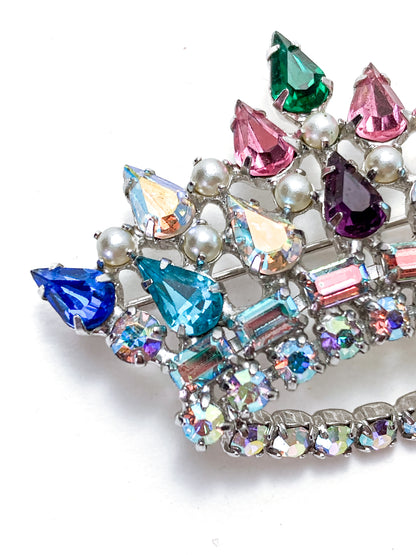 Vintage B. David Colorful Iridescent Rhinestone Pearl Crown Brooch Pin Jewelry
