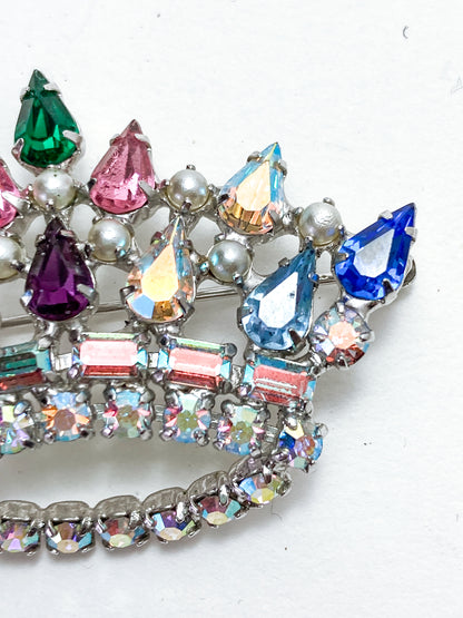 Vintage B. David Colorful Iridescent Rhinestone Pearl Crown Brooch Pin Jewelry