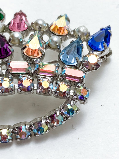 Vintage B. David Colorful Iridescent Rhinestone Pearl Crown Brooch Pin Jewelry