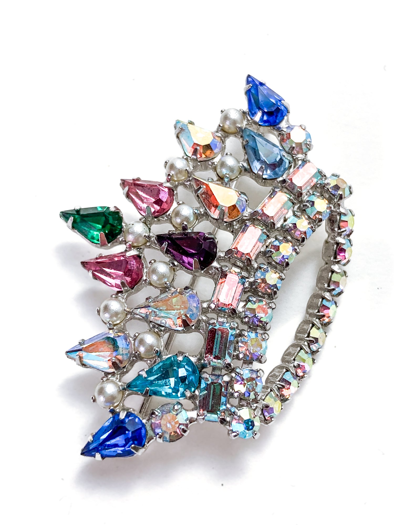 Vintage B. David Colorful Iridescent Rhinestone Pearl Crown Brooch Pin Jewelry