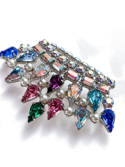 Vintage B. David Colorful Iridescent Rhinestone Pearl Crown Brooch Pin Jewelry