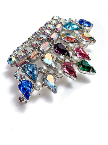 Vintage B. David Colorful Iridescent Rhinestone Pearl Crown Brooch Pin Jewelry