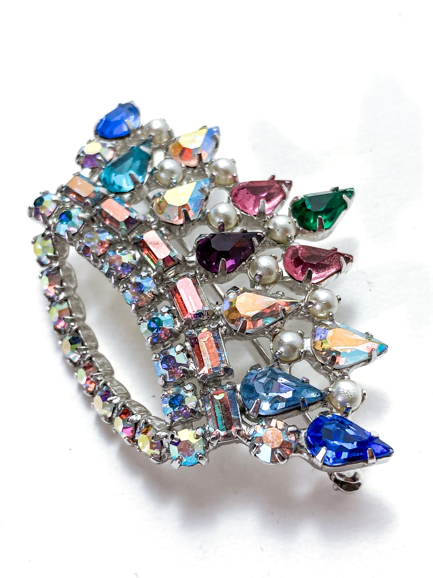 Vintage B. David Colorful Iridescent Rhinestone Pearl Crown Brooch Pin Jewelry