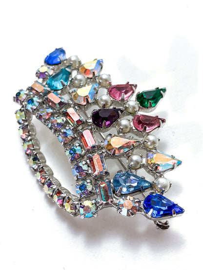 Vintage B. David Colorful Iridescent Rhinestone Pearl Crown Brooch Pin Jewelry