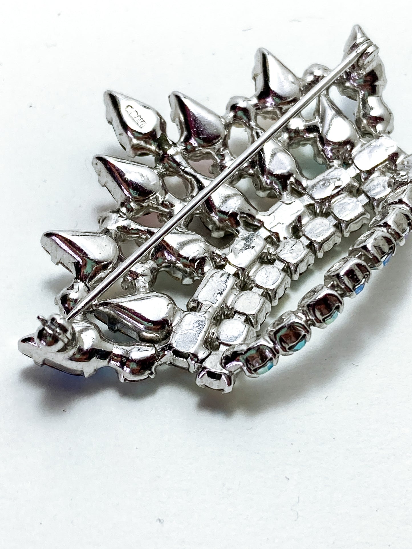 Vintage B. David Colorful Iridescent Rhinestone Pearl Crown Brooch Pin Jewelry
