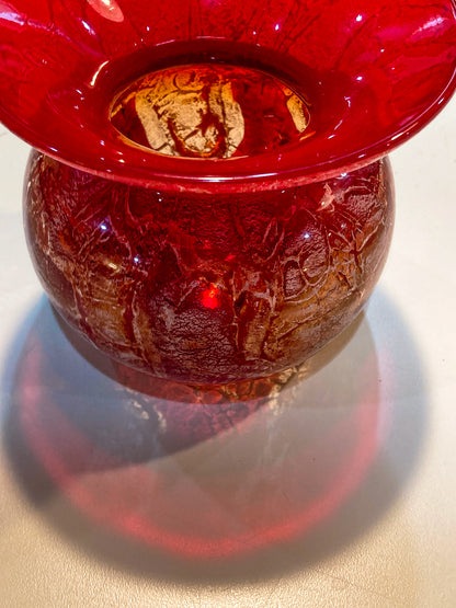 Rare Vintage Baccarat France Marbled Ruby Red Fluted Rim Glass Vase