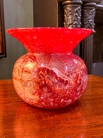 Rare Vintage Baccarat France Marbled Ruby Red Fluted Rim Glass Vase