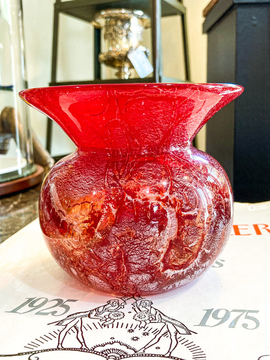 Rare Vintage Baccarat France Marbled Ruby Red Fluted Rim Glass Vase