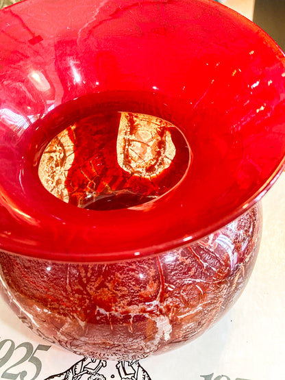 Rare Vintage Baccarat France Marbled Ruby Red Fluted Rim Glass Vase