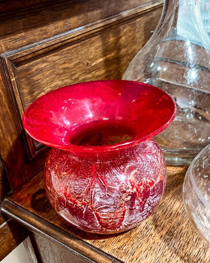 Rare Vintage Baccarat France Marbled Ruby Red Fluted Rim Glass Vase