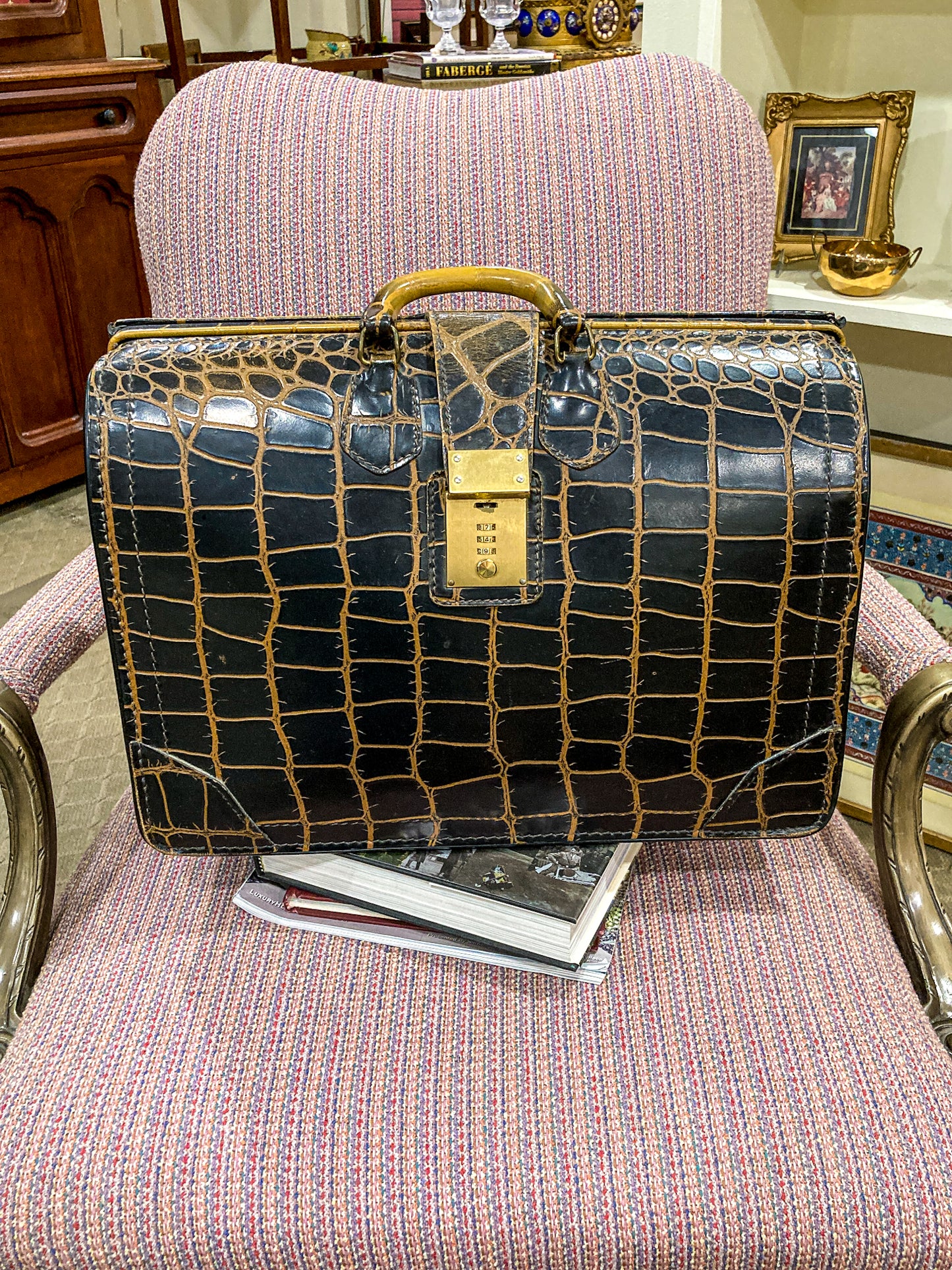 Vintage Belber Warm Black Crocodile Leather Satchel Style Travel Doctor Bag