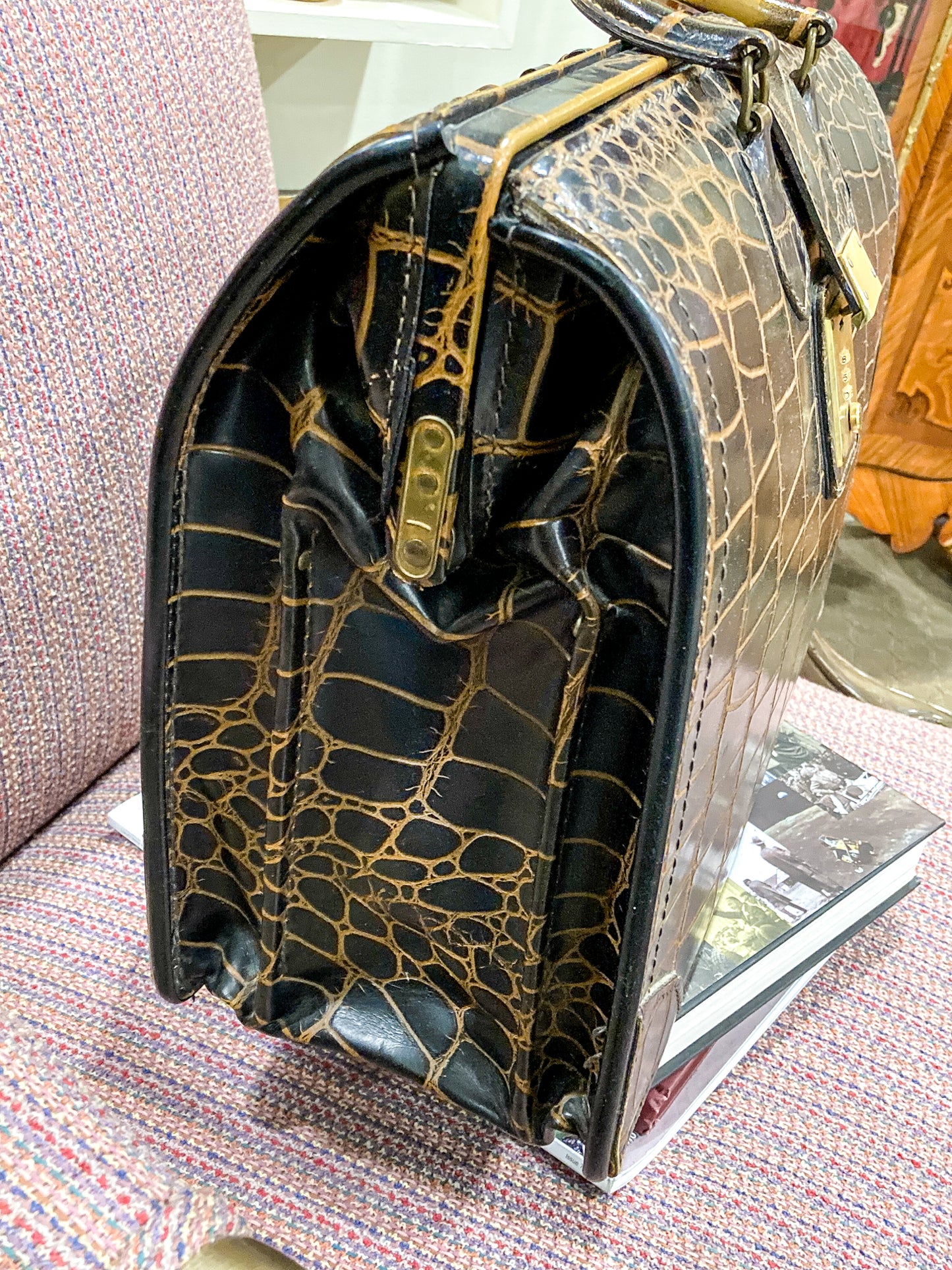 Vintage Belber Warm Black Crocodile Leather Satchel Style Travel Doctor Bag