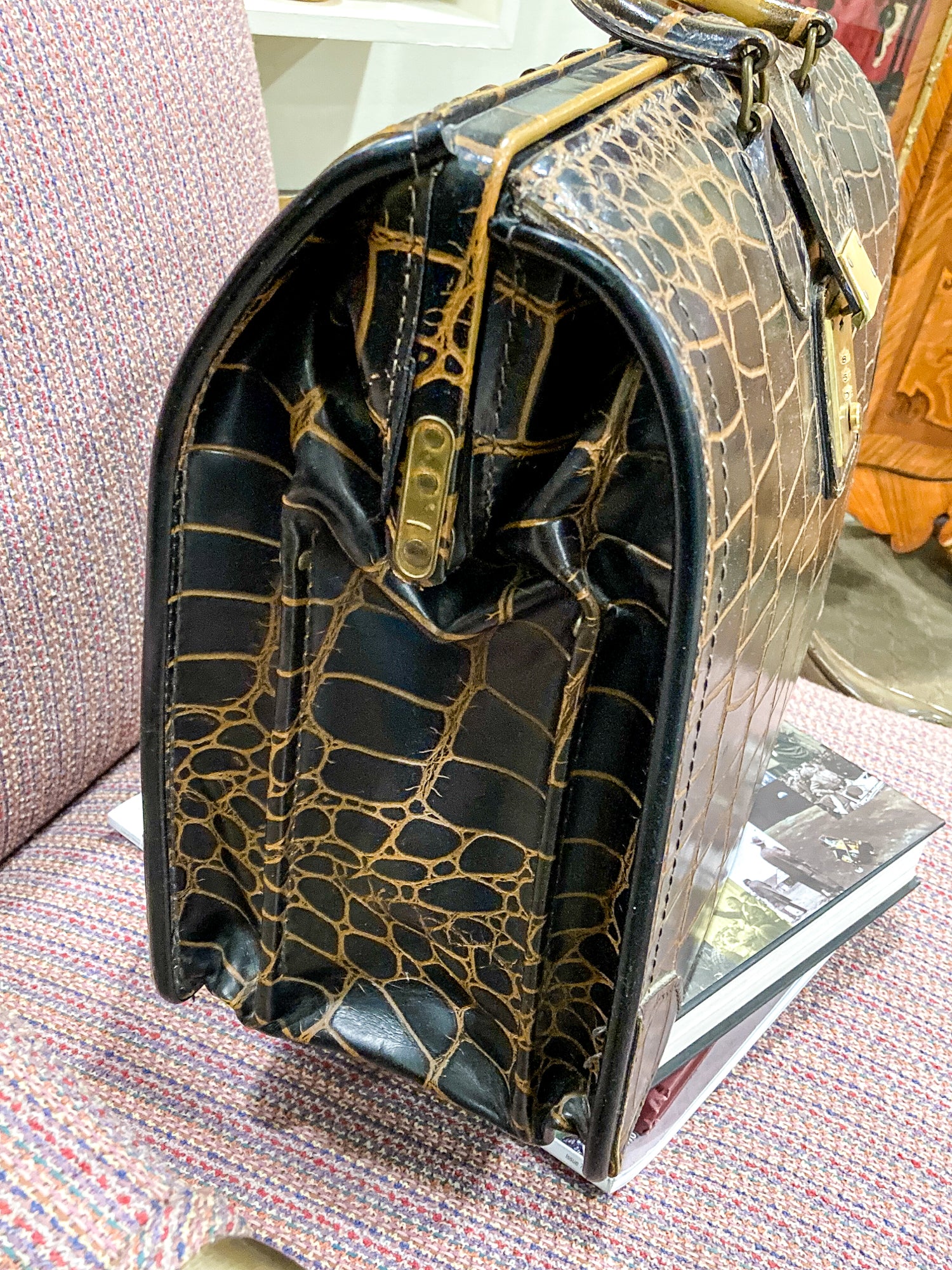 Vintage Belber Warm Black Crocodile Leather Satchel Style Travel Doctor Bag