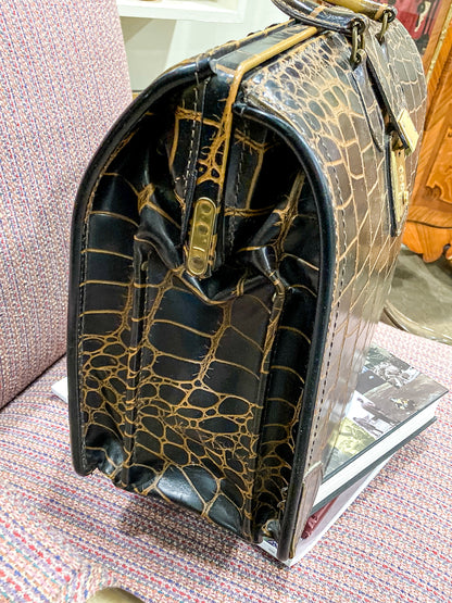 Vintage Belber Warm Black Crocodile Leather Satchel Style Travel Doctor Bag