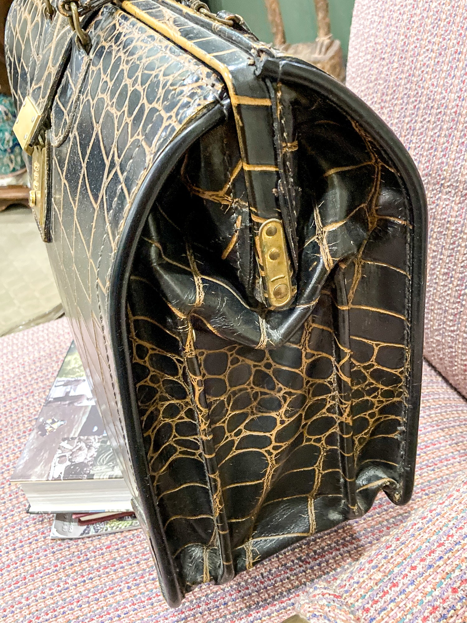 Vintage Belber Warm Black Crocodile Leather Satchel Style Travel Doctor Bag