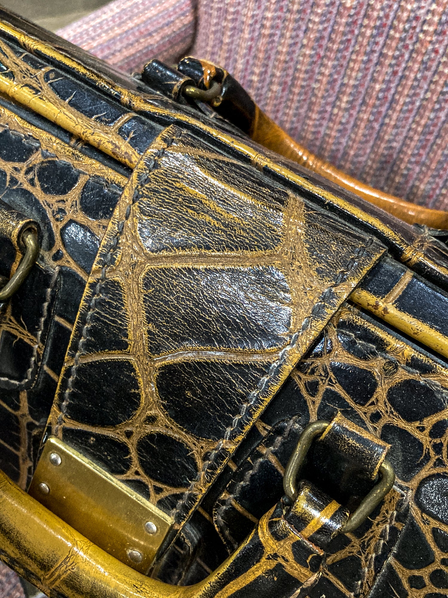 Vintage Belber Warm Black Crocodile Leather Satchel Style Travel Doctor Bag