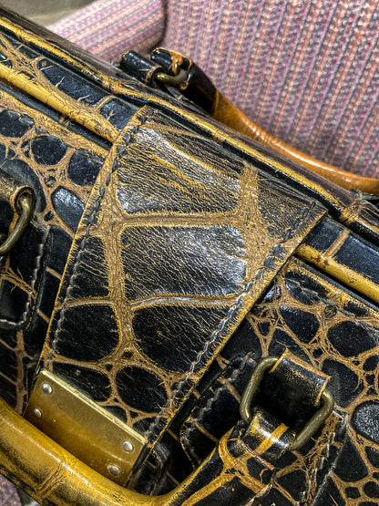 Vintage Belber Warm Black Crocodile Leather Satchel Style Travel Doctor Bag
