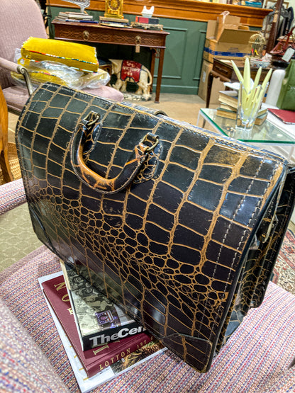 Vintage Belber Warm Black Crocodile Leather Satchel Style Travel Doctor Bag