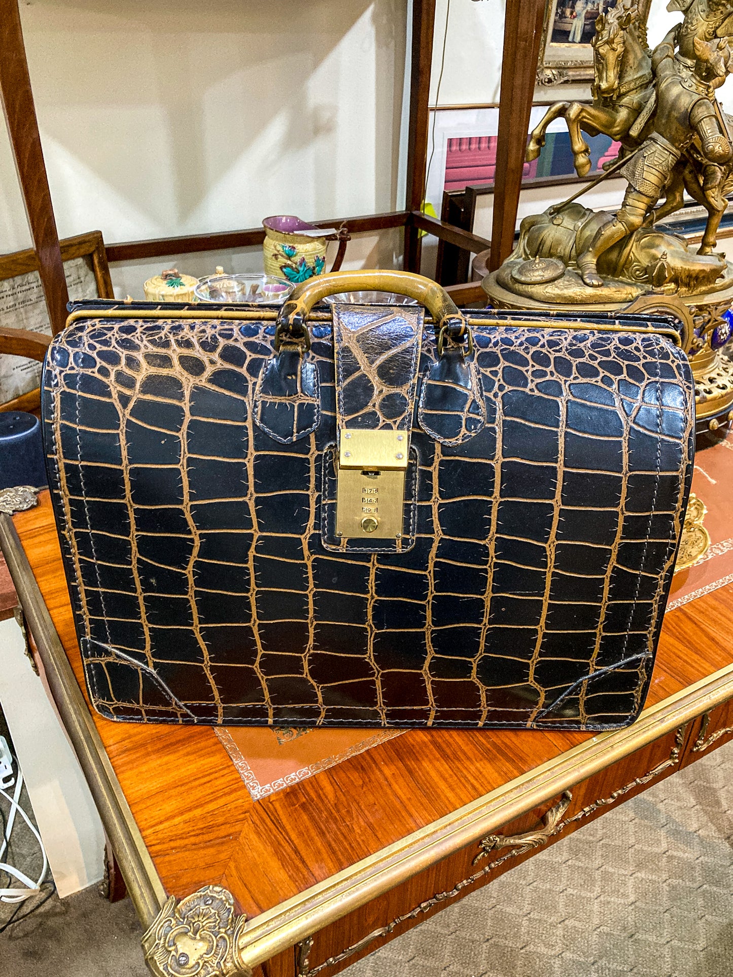 Vintage Belber Warm Black Crocodile Leather Satchel Style Travel Doctor Bag