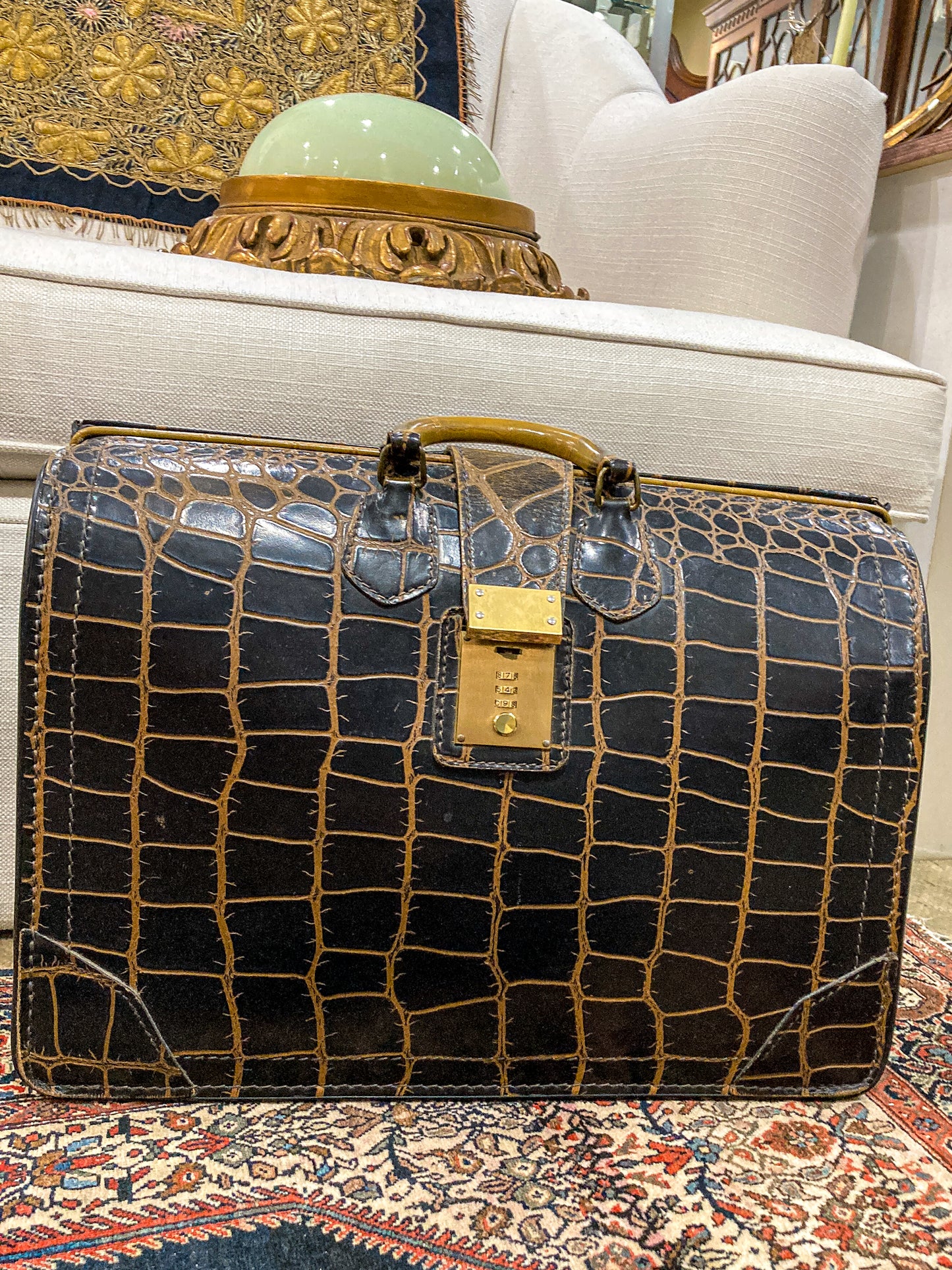 Vintage Belber Warm Black Crocodile Leather Satchel Style Travel Doctor Bag