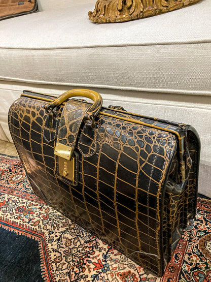 Vintage Belber Warm Black Crocodile Leather Satchel Style Travel Doctor Bag