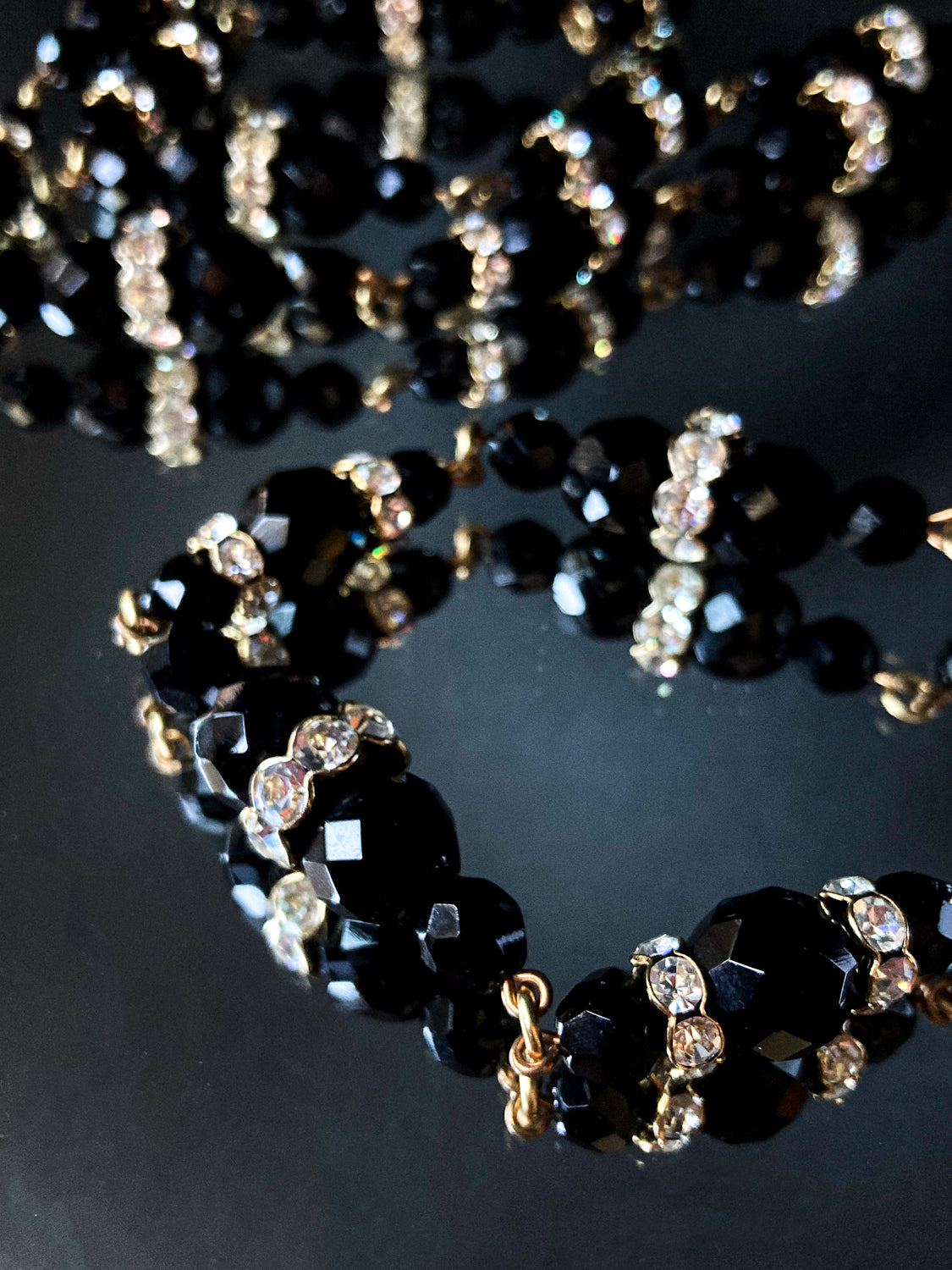 Vintage Faceted Black Glass Beads And Rhinestones Extra Long Necklace