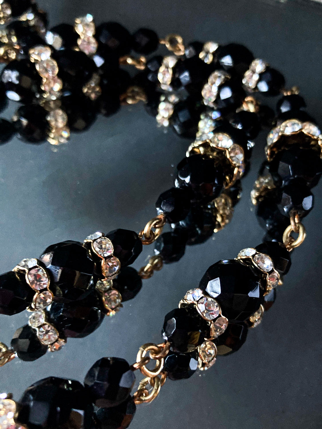 Vintage Faceted Black Glass Beads And Rhinestones Extra Long Necklace