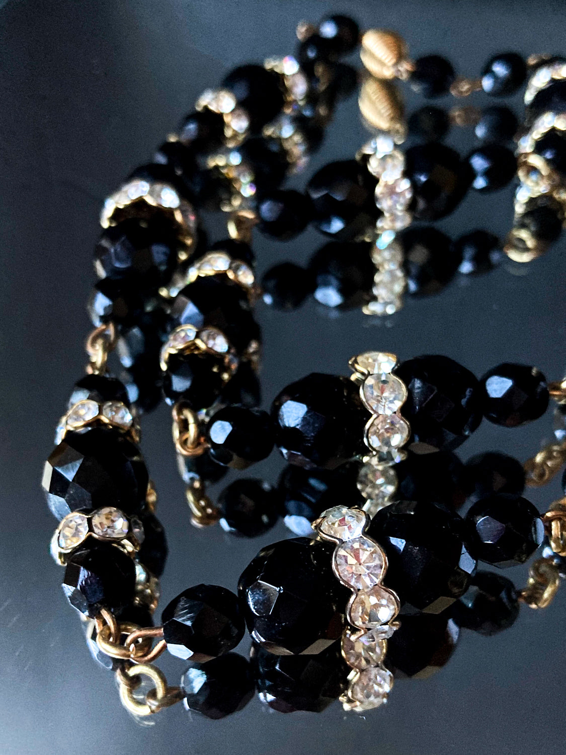 Vintage Faceted Black Glass Beads And Rhinestones Extra Long Necklace