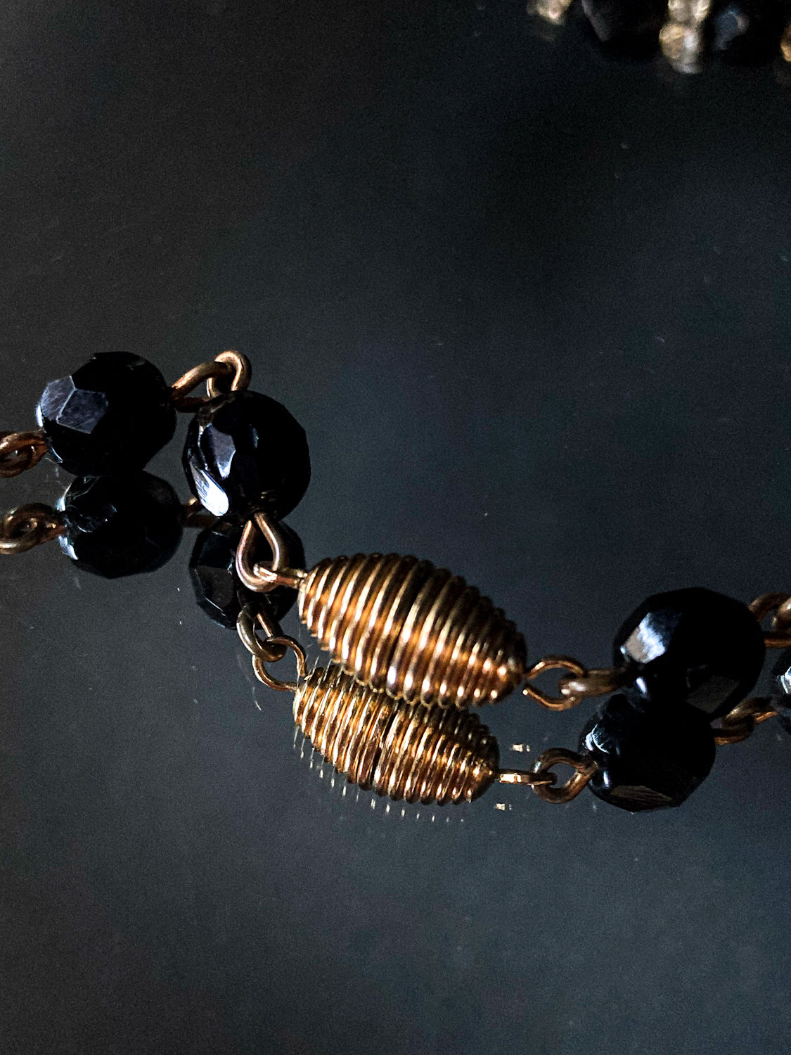 Vintage Faceted Black Glass Beads And Rhinestones Extra Long Necklace