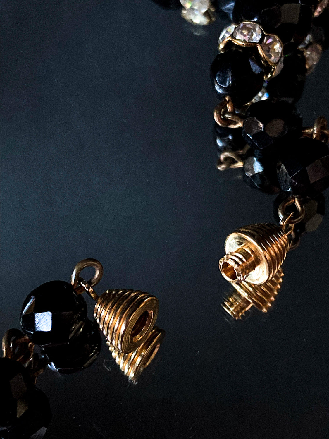 Vintage Faceted Black Glass Beads And Rhinestones Extra Long Necklace