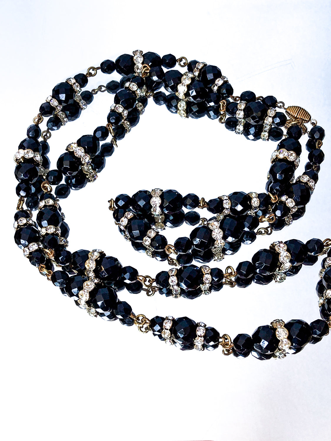 Vintage Faceted Black Glass Beads And Rhinestones Extra Long Necklace