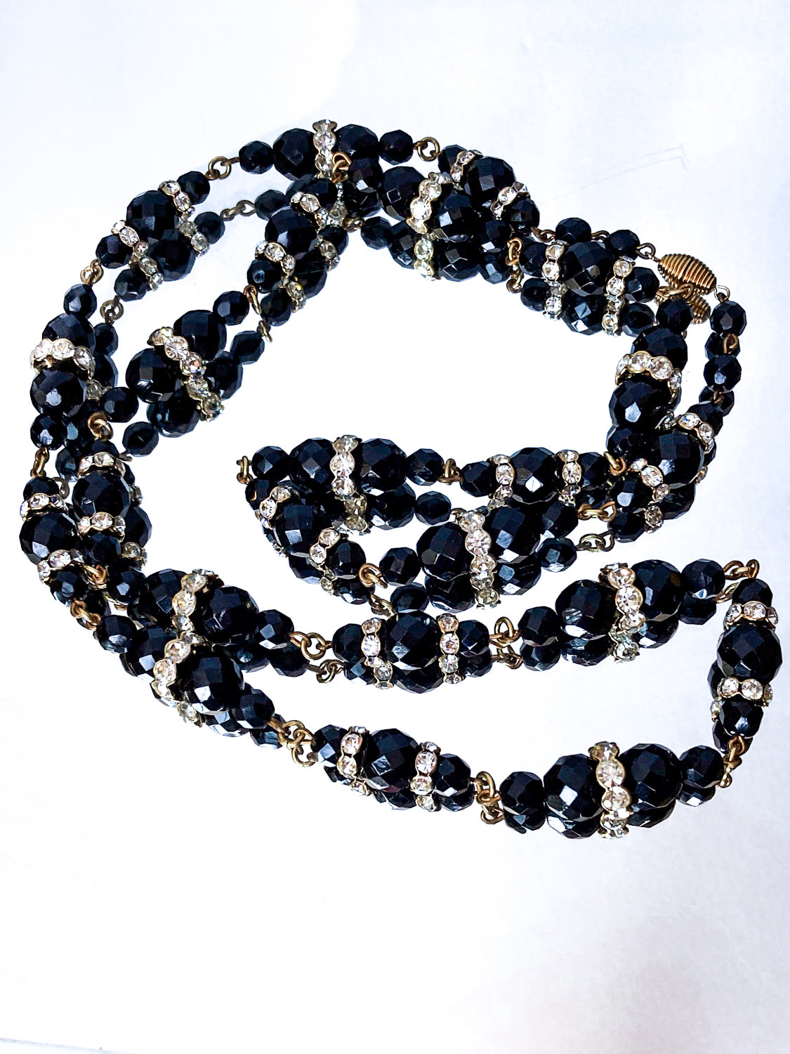 Vintage Faceted Black Glass Beads And Rhinestones Extra Long Necklace