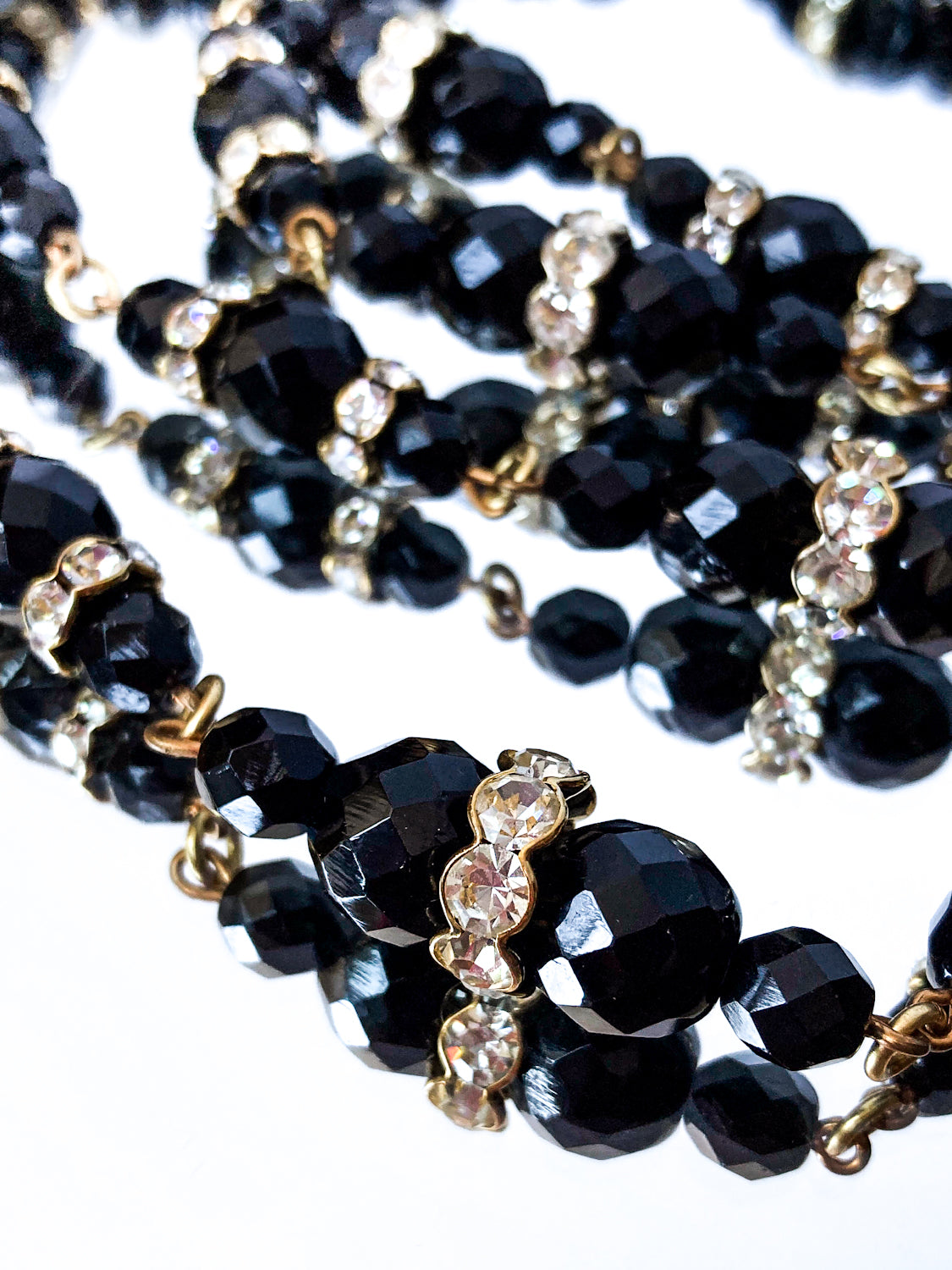Vintage Faceted Black Glass Beads And Rhinestones Extra Long Necklace